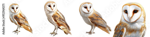 A series of images showcasing a barn owl in various poses, highlighting its majestic feathers and striking facial features.