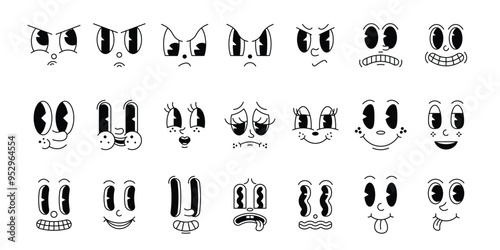 Retro cartoon mascot characters funny faces. 50s, 60s old animation eyes and mouths elements. Vector editable stroke