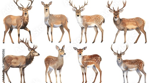 A collection of illustrated deer in various poses and styles.