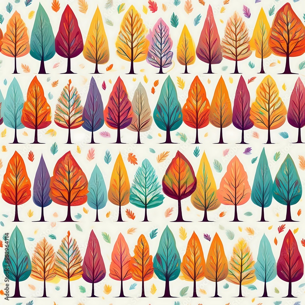 Whimsical Autumn Trees Pattern - watercolor autumn trees pattern with variety of tree types and vibrant leaf colors. Graphic artwork illustration wallpaper Whimsical Autumn Trees Pattern - watercolor autumn trees pattern with variety of tree types and vibrant leaf colors. Graphic artwork illustration wallpaper
