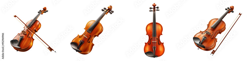 Fototapeta premium Collection of classical violins with bows isolated on white background. Perfect for music and instrument related projects and designs.