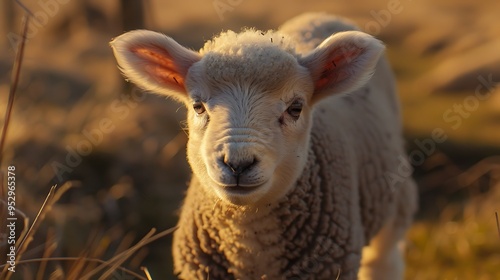 A close-up of a young lamb in a natural setting, showcasing its fluffy coat and curious expression. photo