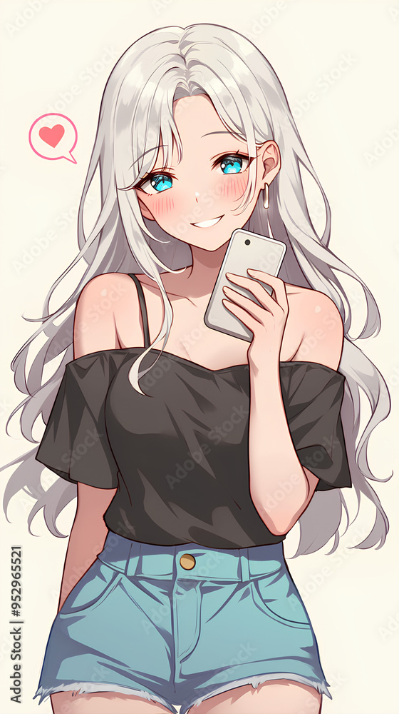 Anime girl using cellphone playing social media sweet smile Anime girl using cellphone playing social media sweet smile