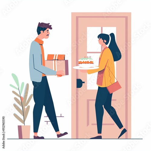 Food delivery at doorstep, receiving a meal, flat design illustration