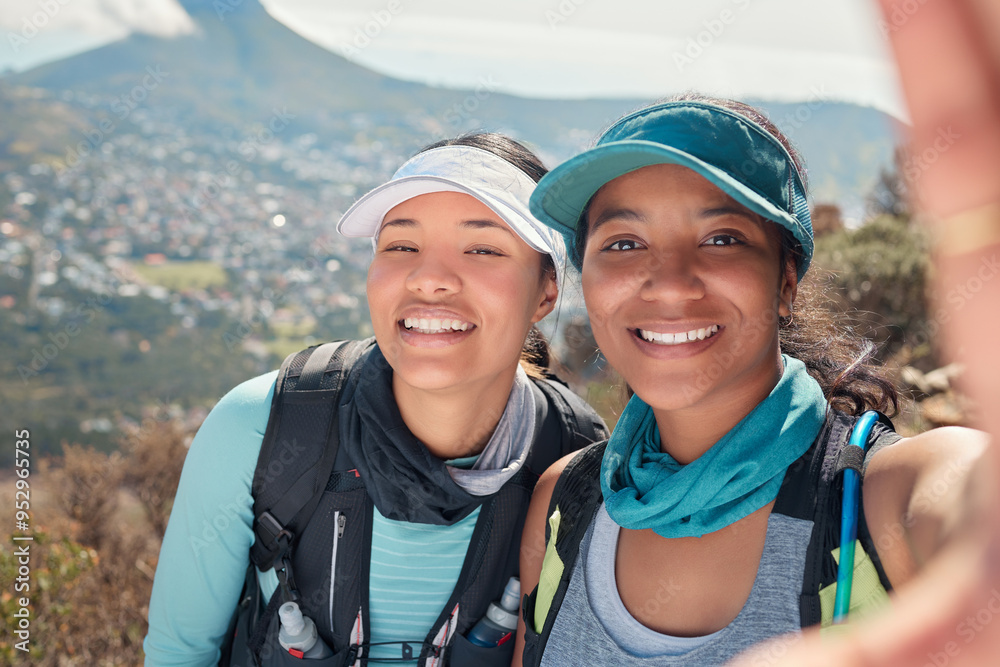Hiking, women and portrait with selfie on mountain for profile picture, social media post or trail progress update. Friends, backpack team and photography in nature for fitness, adventure and memory Hiking, women and portrait with selfie on mountain for profile picture, social media post or trail progress update. Friends, backpack team and photography in nature for fitness, adventure and memory