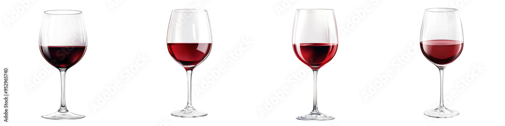 Four elegant glasses filled with red wine, showing different levels, perfect for wine tastings, events, or dining atmospheres. Four elegant glasses filled with red wine, showing different levels, perfect for wine tastings, events, or dining atmospheres.