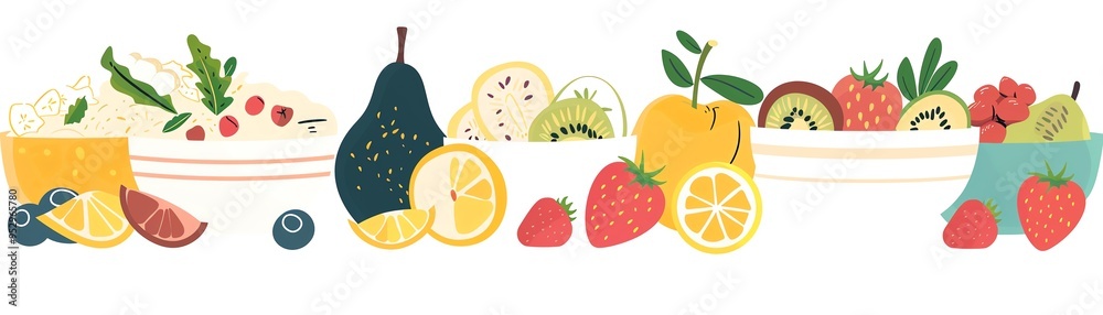 Healthy breakfast options, oatmeal and fruits, flat design illustration Healthy breakfast options, oatmeal and fruits, flat design illustration