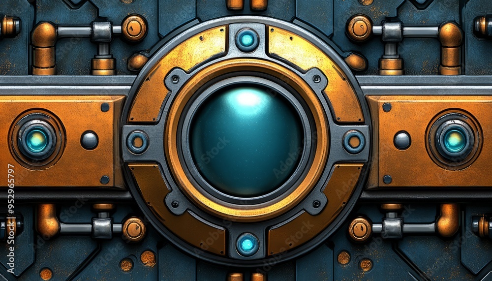 Fototapeta premium Futuristic Metal Panel with Circular Window and Pipes