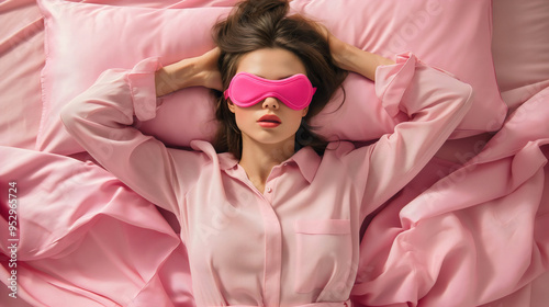 Woman girl in sleep mask on bed, enjoying comfort in the morning, peaceful dream and calm cozy rest, top view of young female relaxing on pillow, bedtime lifestyle in pajamas and soft bedding photo