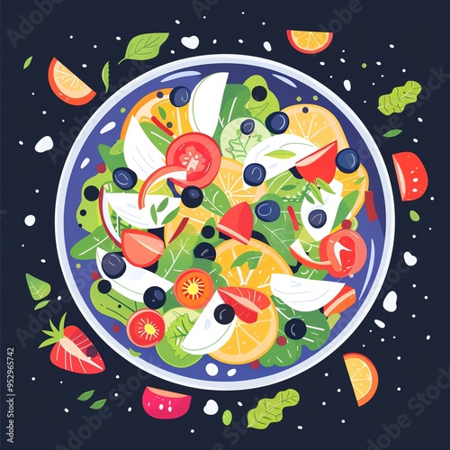 Healthy salad recipes, fresh ingredients, flat design illustration