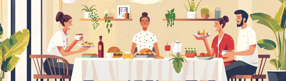 Family brunch, enjoying a weekend meal, flat design illustration Family brunch, enjoying a weekend meal, flat design illustration