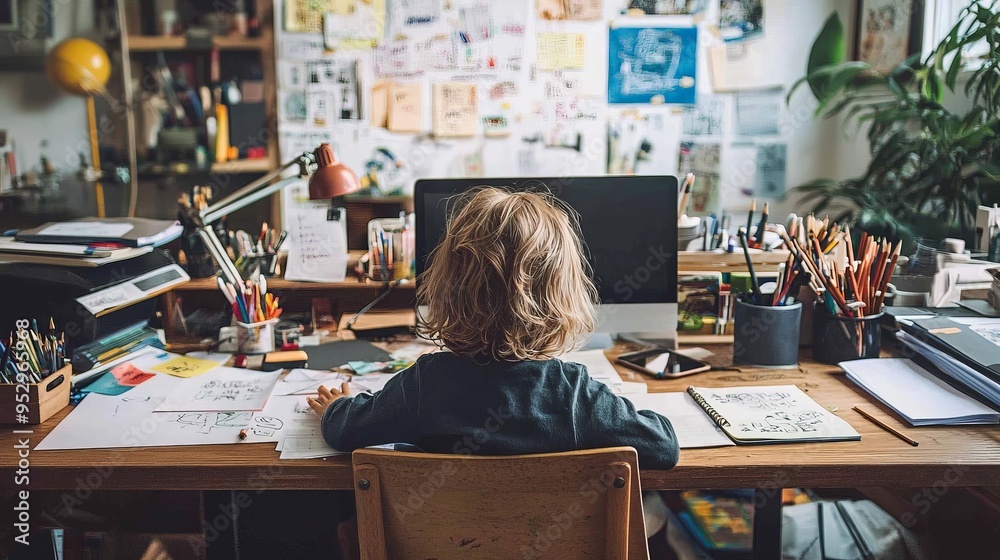 A child freelancer managing multiple projects, with a cluttered desk filled with notes, sketches, and devices A child freelancer managing multiple projects, with a cluttered desk filled with notes, sketches, and devices