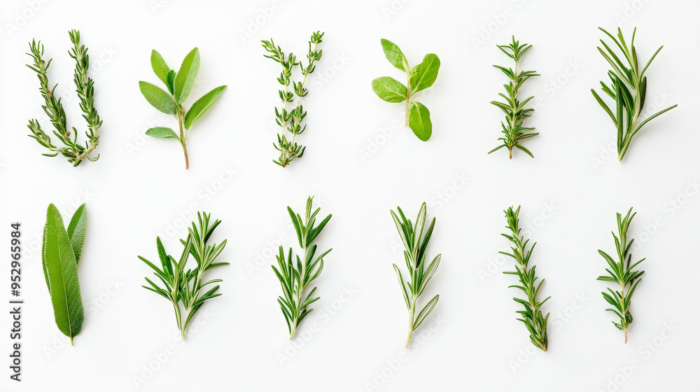 Assorted fresh herbs arranged in two neat rows on a white background, showcasing different types and shapes of green leaves and branches. Assorted fresh herbs arranged in two neat rows on a white background, showcasing different types and shapes of green leaves and branches.