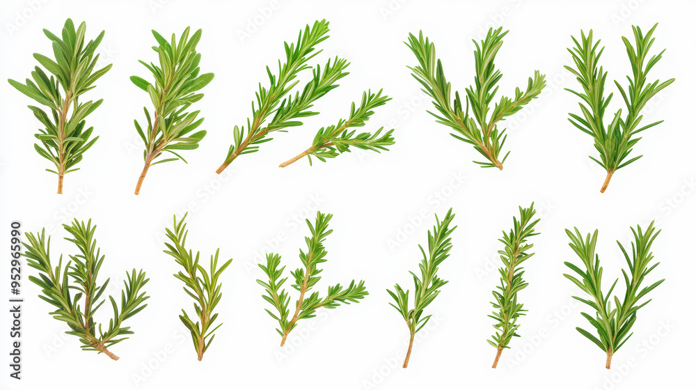 Fresh green sprigs of rosemary arranged in rows. The aromatic herbs are commonly used for seasoning and garnish in culinary dishes. Fresh green sprigs of rosemary arranged in rows. The aromatic herbs are commonly used for seasoning and garnish in culinary dishes.