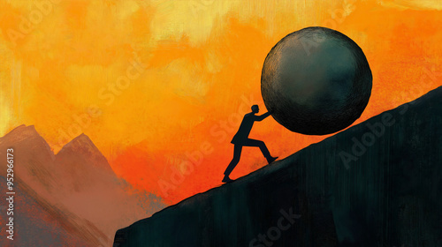 Businessman pushing uphill, facing challenge and struggle with strength, determination and effort in business, overcoming mountain obstacles and achieving goals with persistence and difficulty