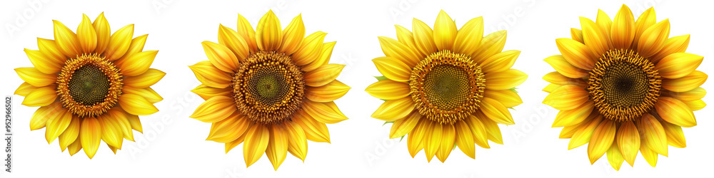 Fototapeta premium Four vibrant sunflowers in full bloom, arranged in a row against a white background. Perfect for nature enthusiasts and floral designs.