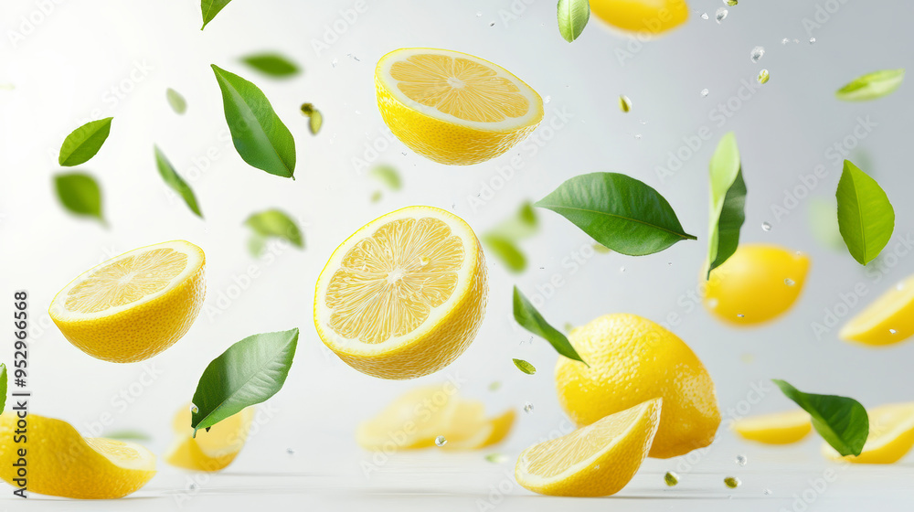 Slices of fresh lemons and vibrant green leaves are in mid-air, creating a lively, refreshing and dynamic scene against a light background. Slices of fresh lemons and vibrant green leaves are in mid-air, creating a lively, refreshing and dynamic scene against a light background.