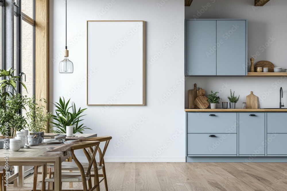 Fototapeta premium Poster Mockup in Kitchen Interior with White Wall created with Generative AI