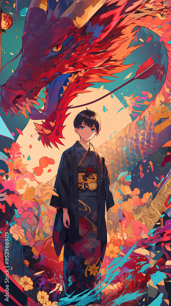 Fototapeta premium Anime Male Character with Kimono Robe and Japanese Dragon Background