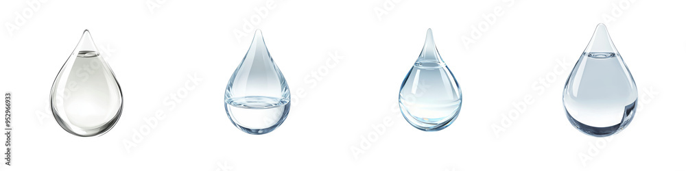 High-resolution image of four water drops with varying transparency on a white background. Ideal for design projects, water, and nature themes. High-resolution image of four water drops with varying transparency on a white background. Ideal for design projects, water, and nature themes.