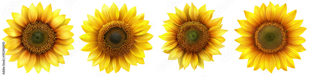 High-resolution image of four vibrant, fully-bloomed sunflowers side by side with a white background, perfect for summer-themed designs. High-resolution image of four vibrant, fully-bloomed sunflowers side by side with a white background, perfect for summer-themed designs.