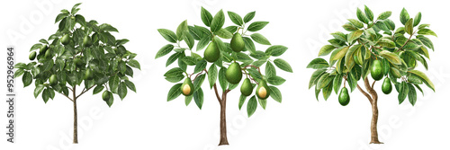 Wallpaper Mural Illustration of three fruit trees with lush green leaves and ripe fruits, isolated on a transparent background. Perfect for botanical projects. Torontodigital.ca