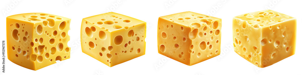 Set of four swiss cheese cubes showcasing their distinctive holes and texture, representing variety in Swiss cheese types. Set of four swiss cheese cubes showcasing their distinctive holes and texture, representing variety in Swiss cheese types.