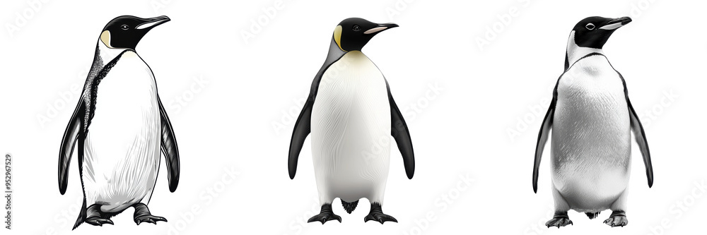 Obraz premium Three cartoon emperor penguins in a row, presenting a front, side, and back view. Isolated on a white background.