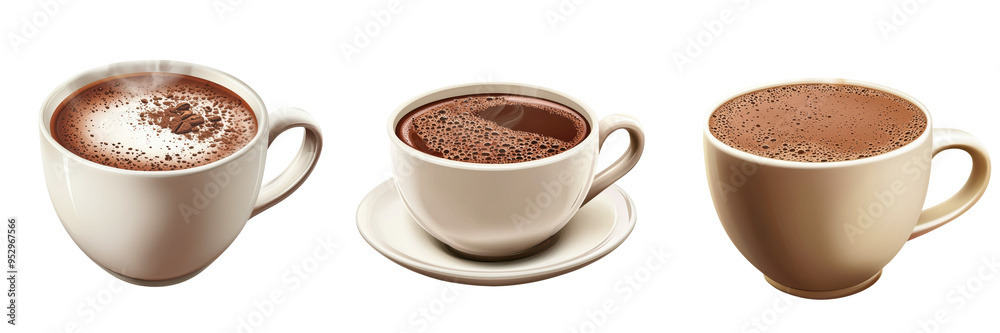 Fototapeta premium Three cups of delicious hot chocolate, each with a different topping, lined up in a row on a white background.