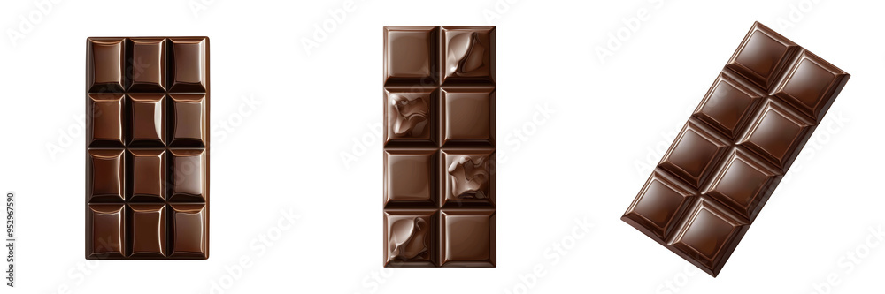 Obraz premium Three dark chocolate bars are lined up against a white background, showcasing various textures and shapes in a minimalist presentation.