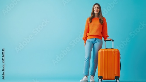 A young woman in an orange sweater stands beside an orange suitcase against a blue background. photo