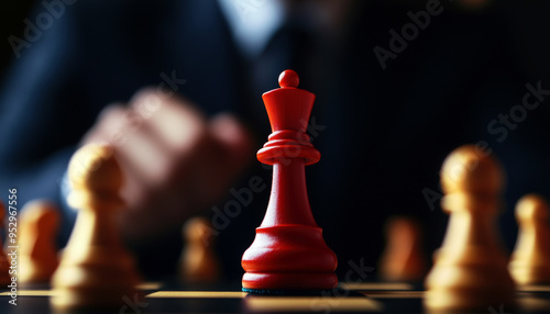 A striking close-up of a red king chess piece, representing strategic dominance, surrounded by yellow pawns. The scene captures the essence of competition and critical thinking in chess. photo