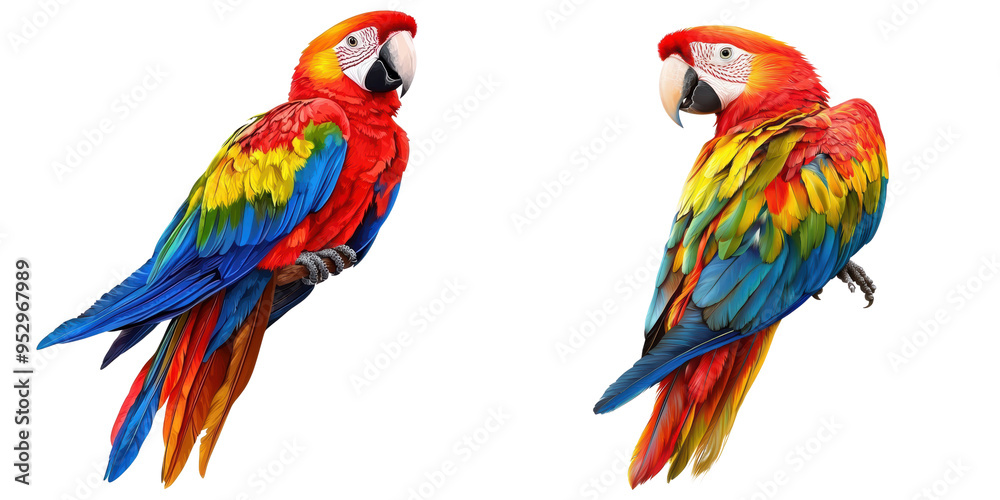 Fototapeta premium Two vibrant scarlet macaws perched opposite each other, showcasing their colorful feathers and engaging expressions against a white background.