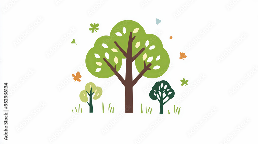 Obraz premium A simple, colorful illustration of three trees with green leaves and surrounding butterflies, symbolizing nature and the environment.