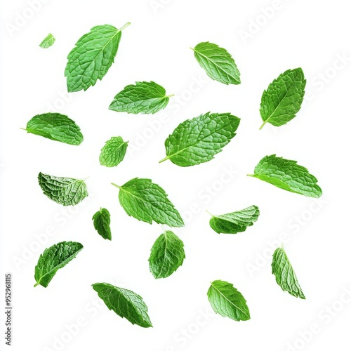 close up of Falling mint leaves, spearmint, isolated on white background