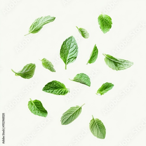 close up of Falling mint leaves, spearmint, isolated on white background