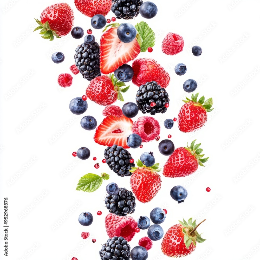 close up of Falling wild berries mix, strawberry, raspberry, blueberry, blackberry, isolated on white background close up of Falling wild berries mix, strawberry, raspberry, blueberry, blackberry, isolated on white background