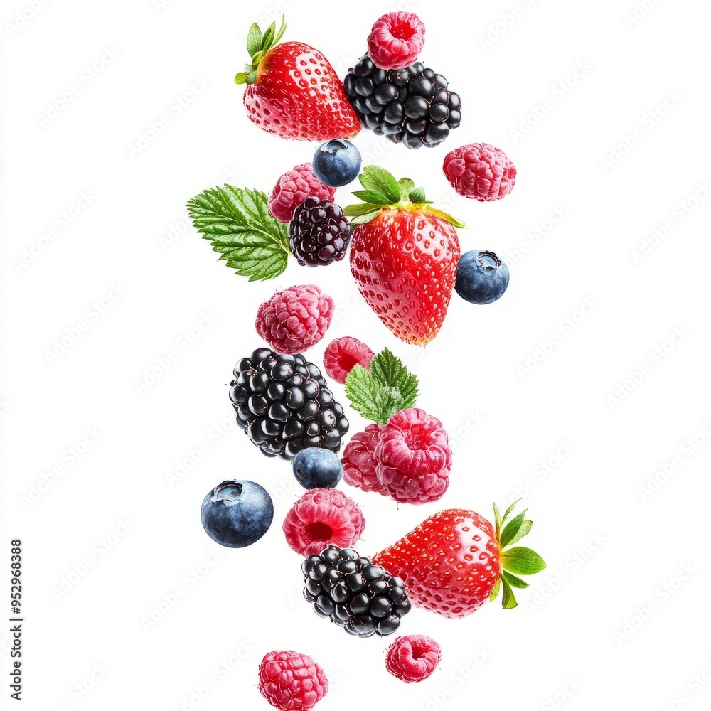 close up of Falling wild berries mix, strawberry, raspberry, blueberry, blackberry, isolated on white background close up of Falling wild berries mix, strawberry, raspberry, blueberry, blackberry, isolated on white background