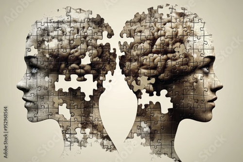 Puzzle Faces of a Man and Woman Symbolizing Cognitive Complexity Emotional Conflict and the Challenges of Human Relationships in a Conceptual Illustration