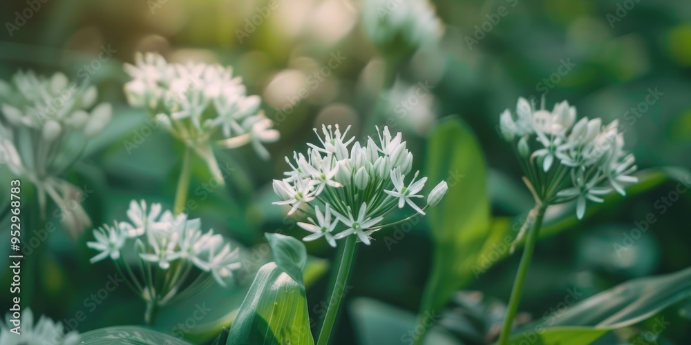 Close-up of a delicate white wild garlic flower. Close-up of a delicate white wild garlic flower.