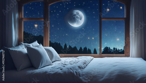 In a warm bedroom, looking out the window you can see the moon and stars.