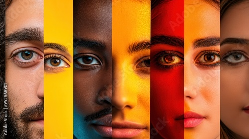 Faces display cultural differences and biases, separated by vibrant colors to symbolize division and the need for unity amidst diversity. Generative AI photo