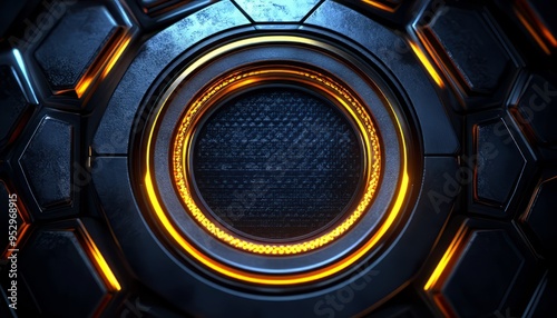 Glowing Orange Circle Within a Dark Metallic Hexagonal Pattern