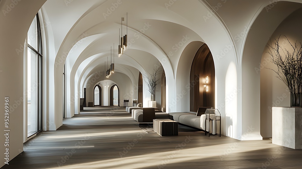 Fototapeta premium Modern Interior Design with Arched Hallway and Sunlight
