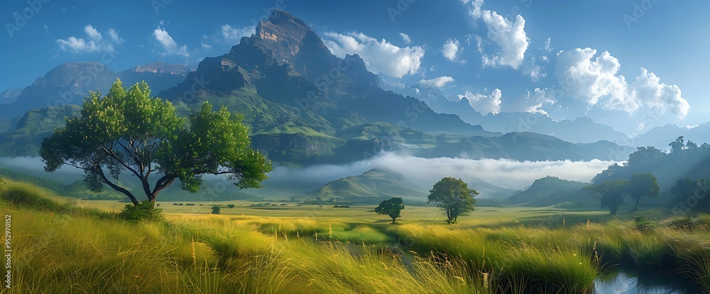 Majestic mountain range with a valley and trees in the foreground, under a blue sky with white clouds. Majestic mountain range with a valley and trees in the foreground, under a blue sky with white clouds.