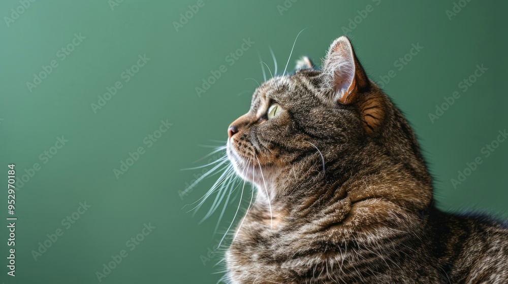 Obraz premium Overweight cat looking to the side on green background. Indoor life and diabetes concept. Pet health and wellness idea.