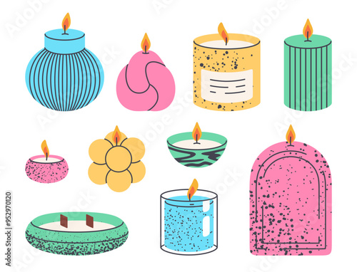 Colorful candles. Wax decorative candles, home interior decor and aromatherapy, burning aromatic candles flat vector illustration set. Cute aroma candles collection
