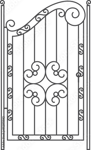 Fence door in ornate decorative iron forgery style