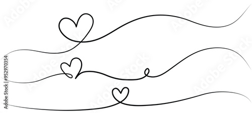 vector illustration of a heart,  A line of hearts is drawn in black on a white background. The hearts are arranged in a way that they appear to be connected, creating a sense of unity and love