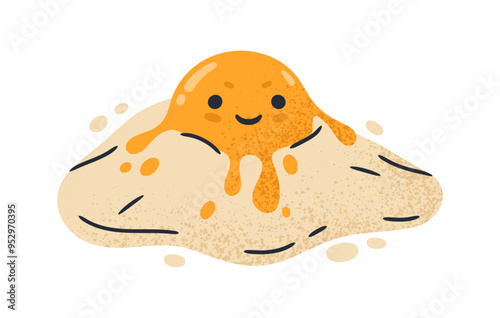Fried eggs funny character. Comic egg for breakfast with humorous face, cartoon chicken fried eggs mascot flat vector illustration. Cute egg mascot